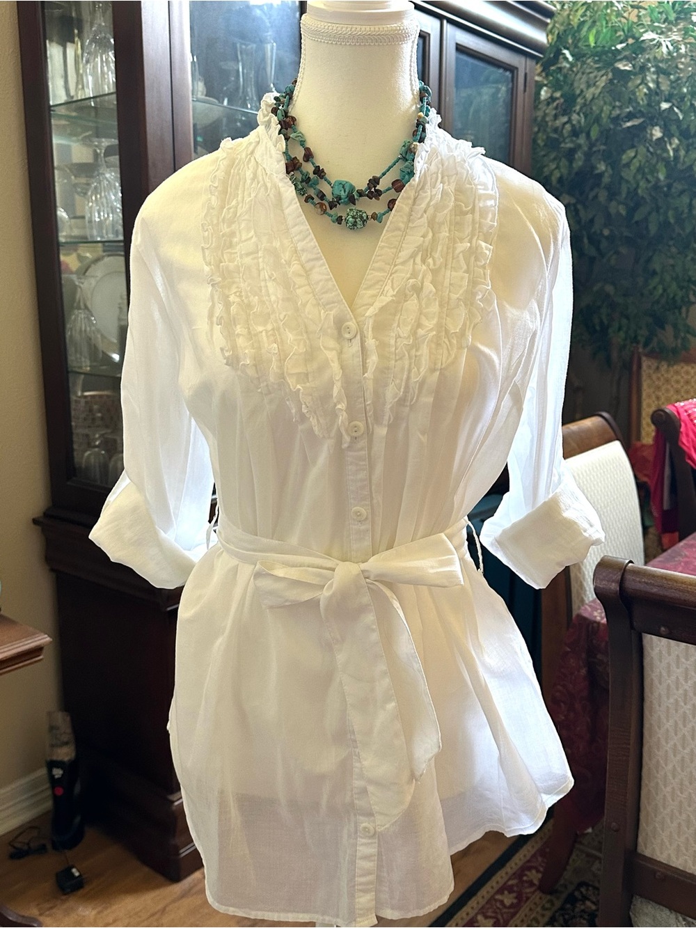 Women's White Ruffled Button-Front Tie-Waist Blouse